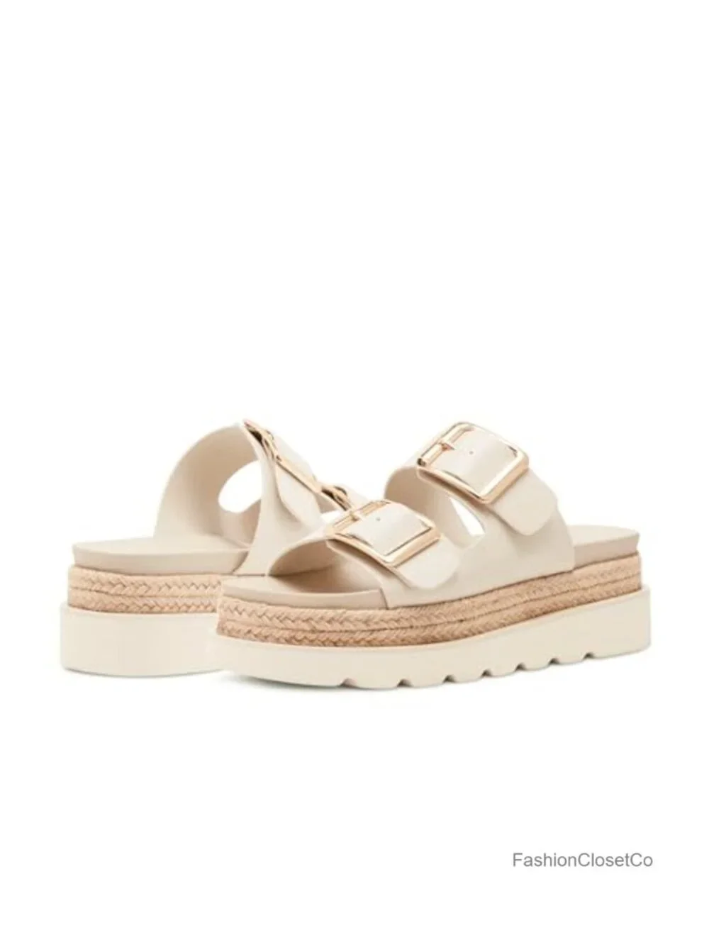 Raffia and Synthetic Platform Sandals with Buckle - Comfortable Summer Slide